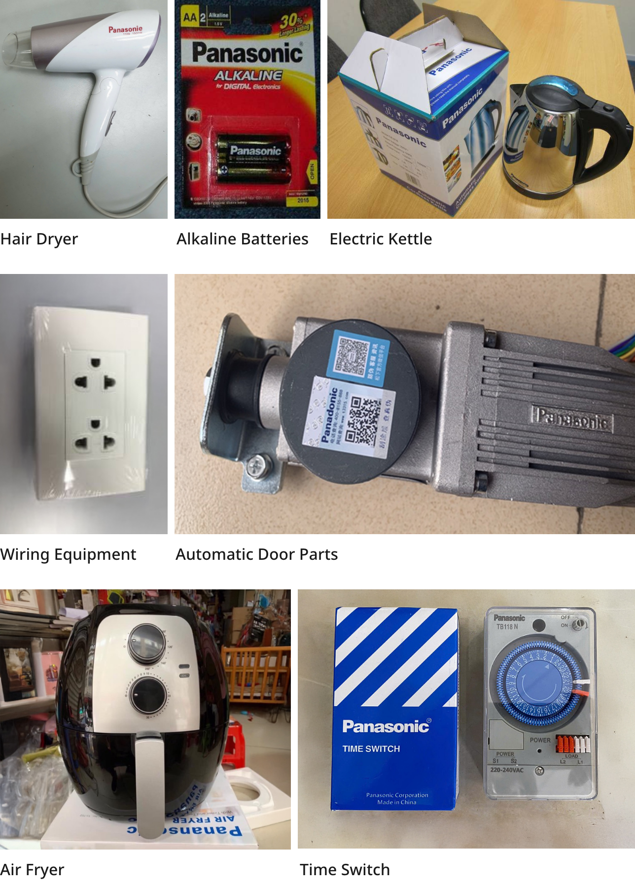 Photo: Examples of counterfeits that have been made to look like the Panasonic brand products. Top row from left: hair dryer, alkaline batteries, electric kettle. Middle row from left: wiring equipment and automatic door parts. Bottom row from left: air fryer, time switch.
