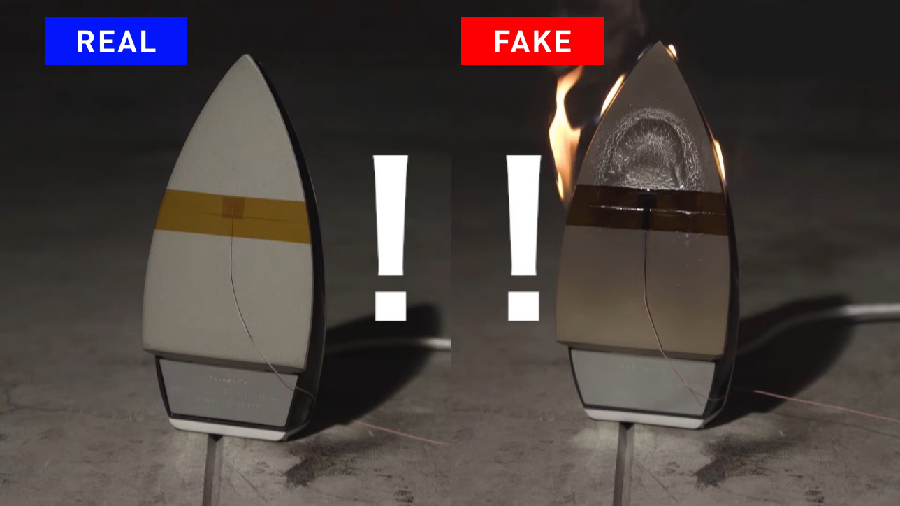 Photo: Panasonic iron and a counterfeit iron side by side, with fire coming out of the counterfeit iron.