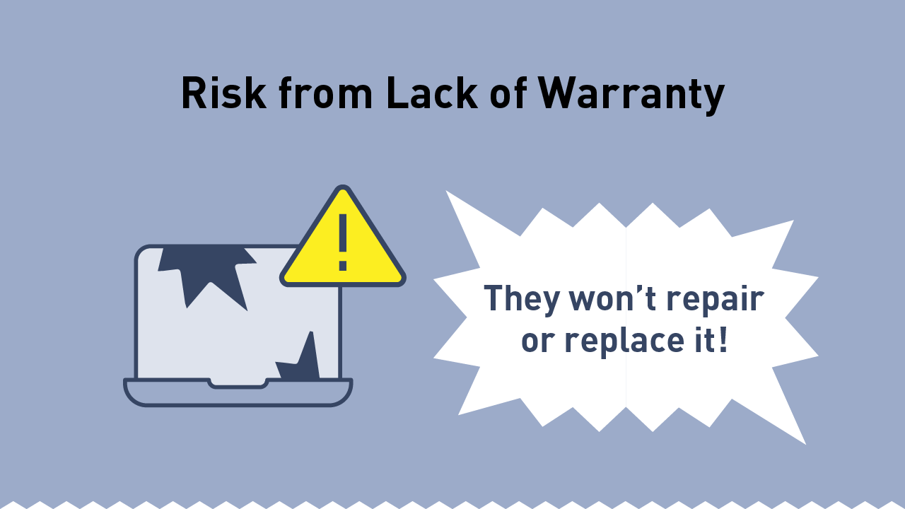 Image: Risk of lack of warranty associated with the purchase and use of counterfeit products. Illustration of a broken laptop. ‘They won’t repair or replace it!’