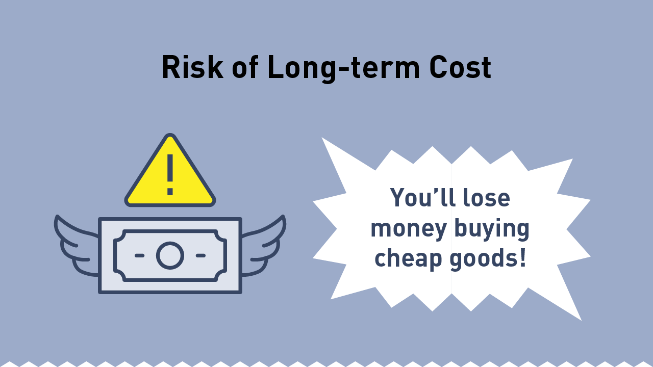 Image: Risk of increased long-term costs associated with the purchase and use of counterfeit products. Illustration of money with wings flying away. ‘You’ll lose money buying cheap goods!’