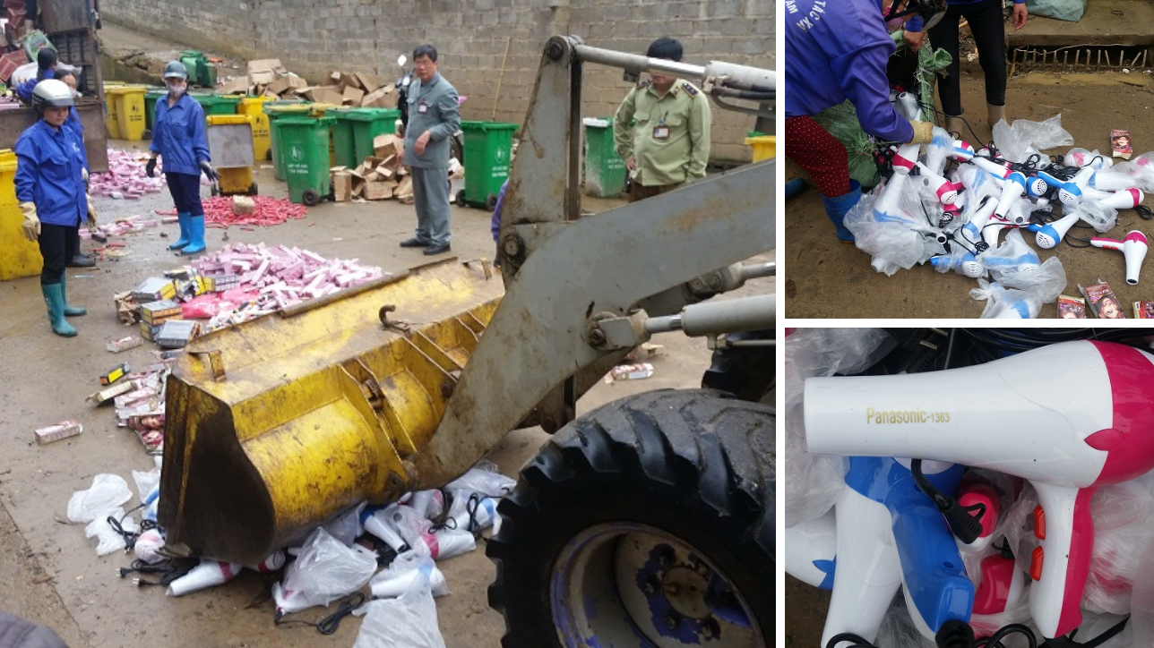 Photos: Disposing of counterfeit hair dryers and other counterfeit products using a backhoe (left); counterfeit hair dryers being removed from bags and placed on the ground (top right); counterfeit hair dryers (bottom right).