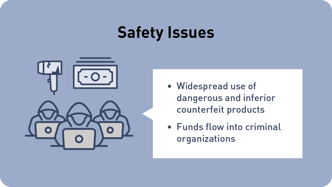 Image: Safety problems caused by counterfeit products. Spread of dangerous and inferior counterfeit products causes increases in funds flowing to criminal organizations. Illustration of counterfeit products, money, and criminal organizations.