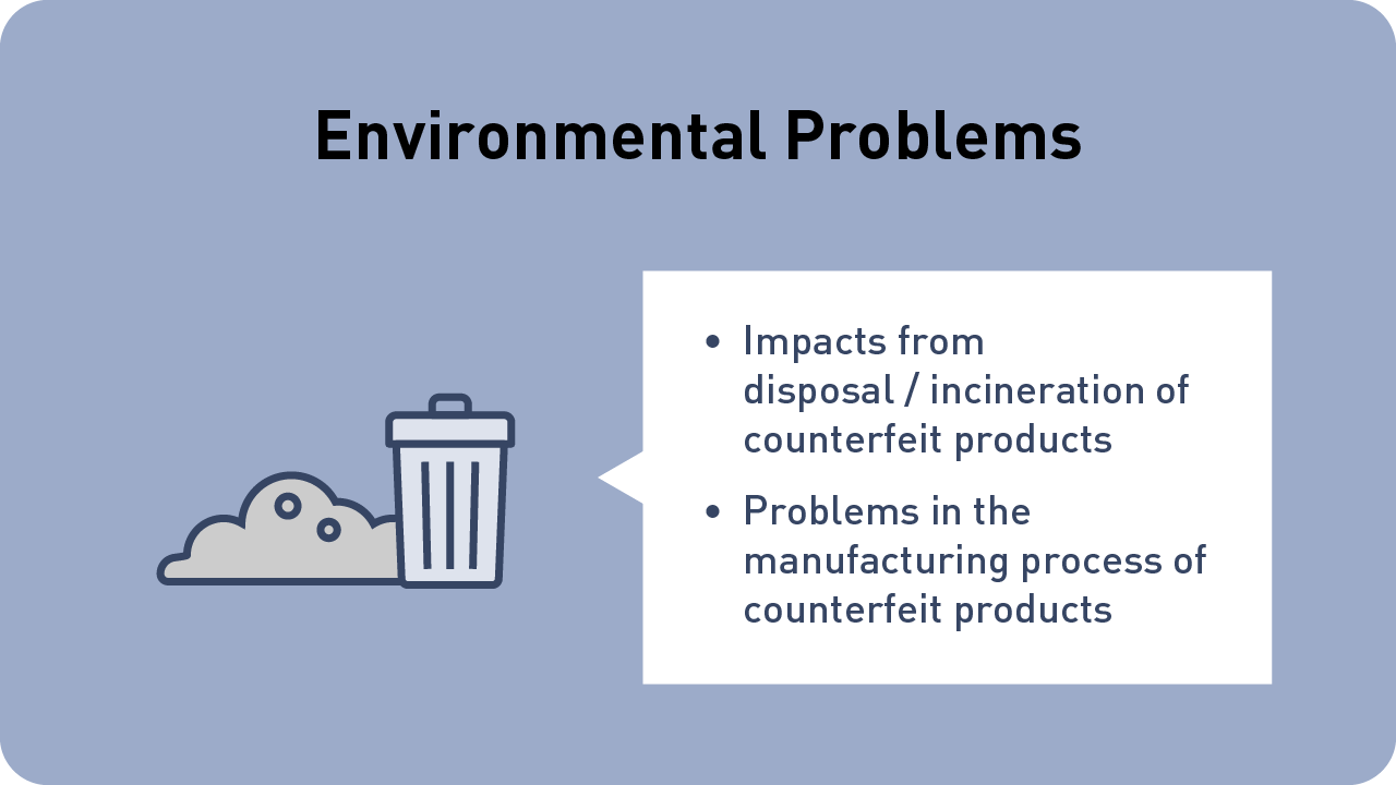 Image: Environmental problems caused by counterfeit products. Problems from waste caused in the disposal of counterfeit products. Problems caused in the manufacture of counterfeit products. Illustration of waste and a garbage bin.