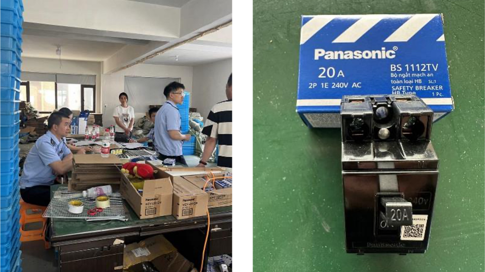 Photo: Manufacturer raid (left), seized breakers (right).