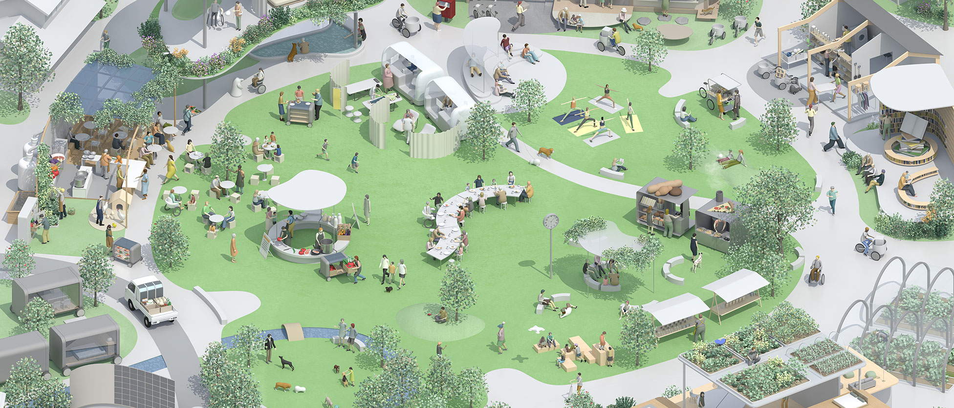 Panoramic view of public space. Lawn area, playground equipment, food and beverage stands, people and dogs engaged in activities, and greenery of trees. A bustling community enjoying a variety of activities.