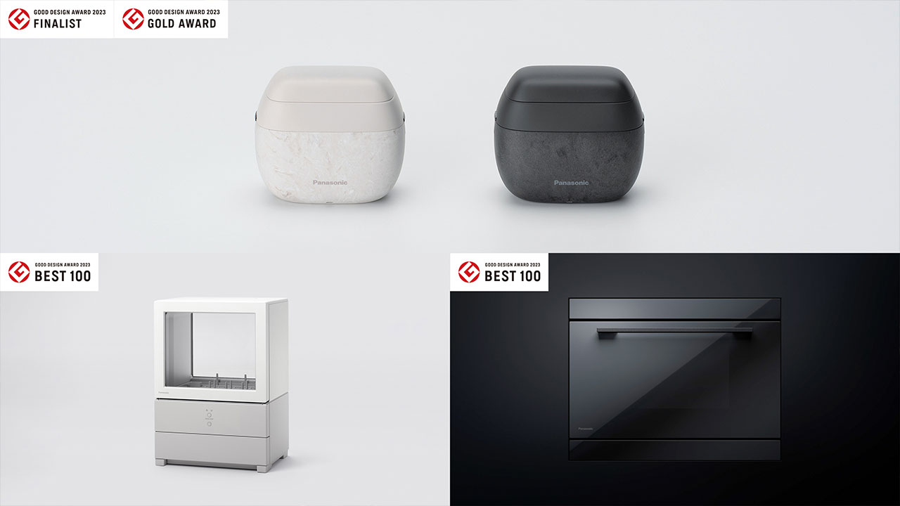 3 products that won the 2023 Good Design Award: palm-in-shaver, desktop dishwasher Sorota, built-in oven range NE-DB1000