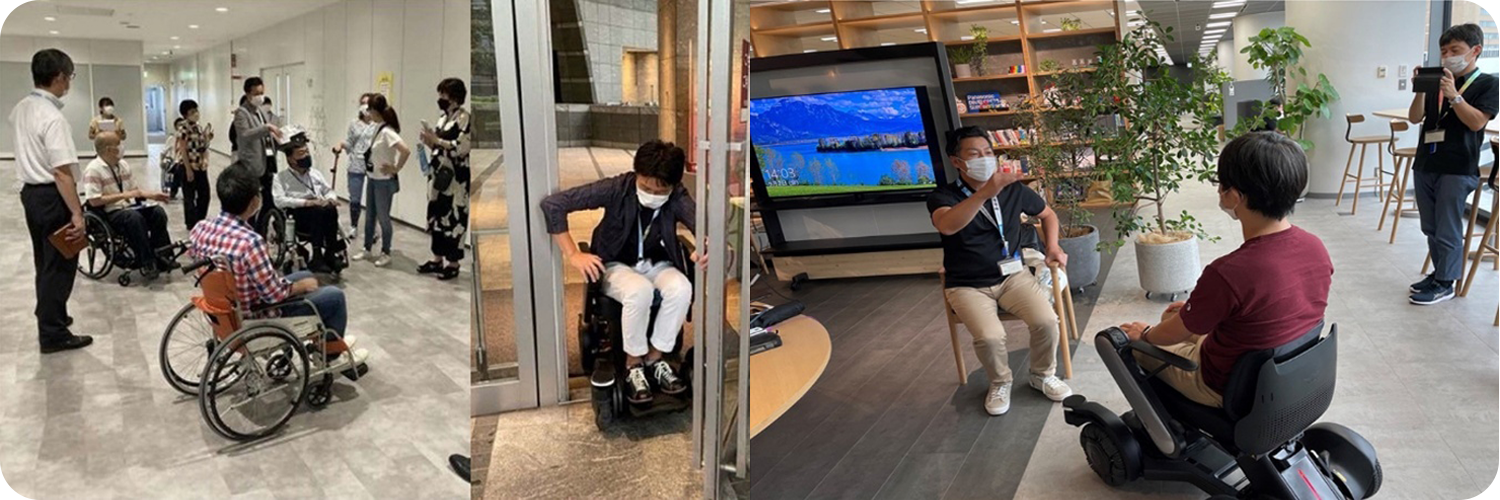 Left photo: Employees discussing the wheelchair mobility experience with a wheelchair user and numerous other employees. Right photo: A man seated in a chair on the left facing a wheelchair user on the right.