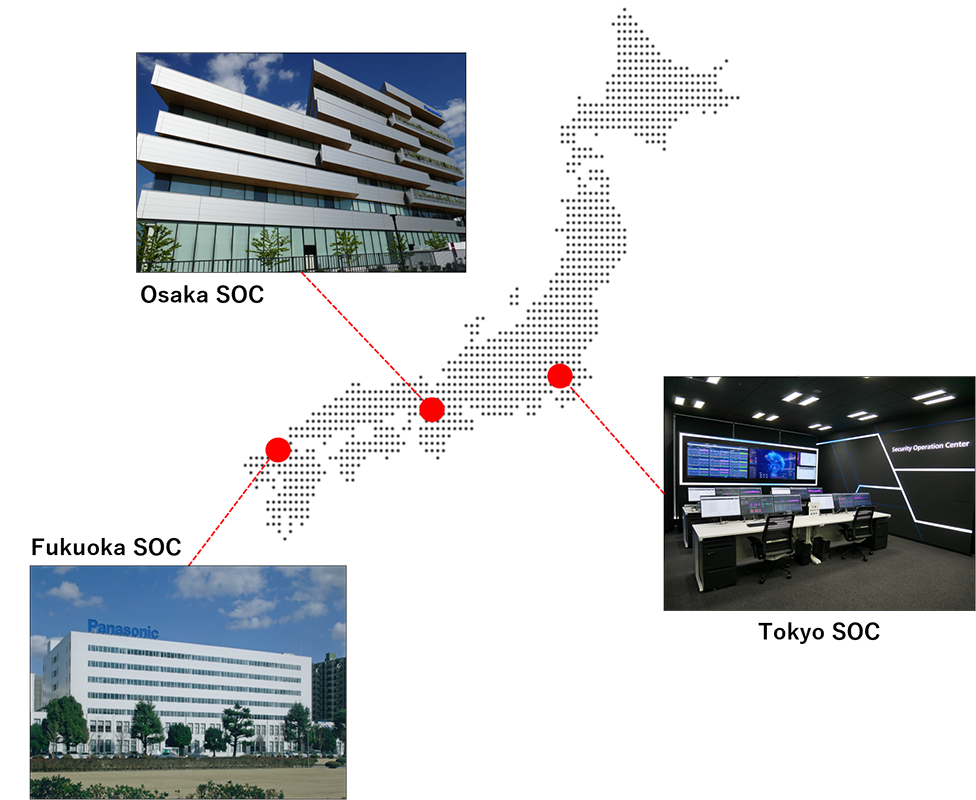 日本地図と大阪・東京・福岡SOC拠点の位置と画像