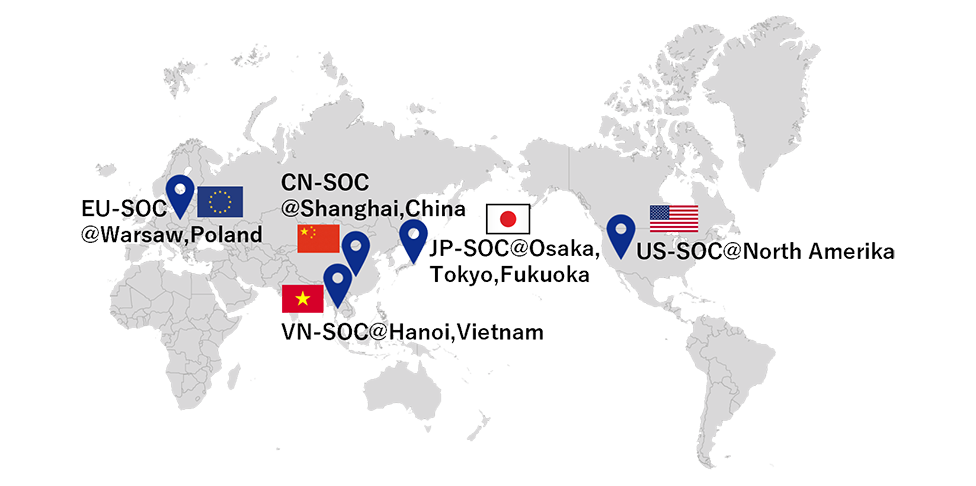 世界地図とグローバルSOC拠点の位置と国旗