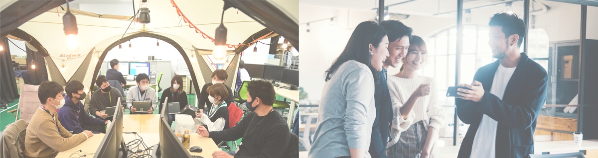 Photo: Employees engaged in discussions in a tent set up in the company, and chatting in a brightly-lit office