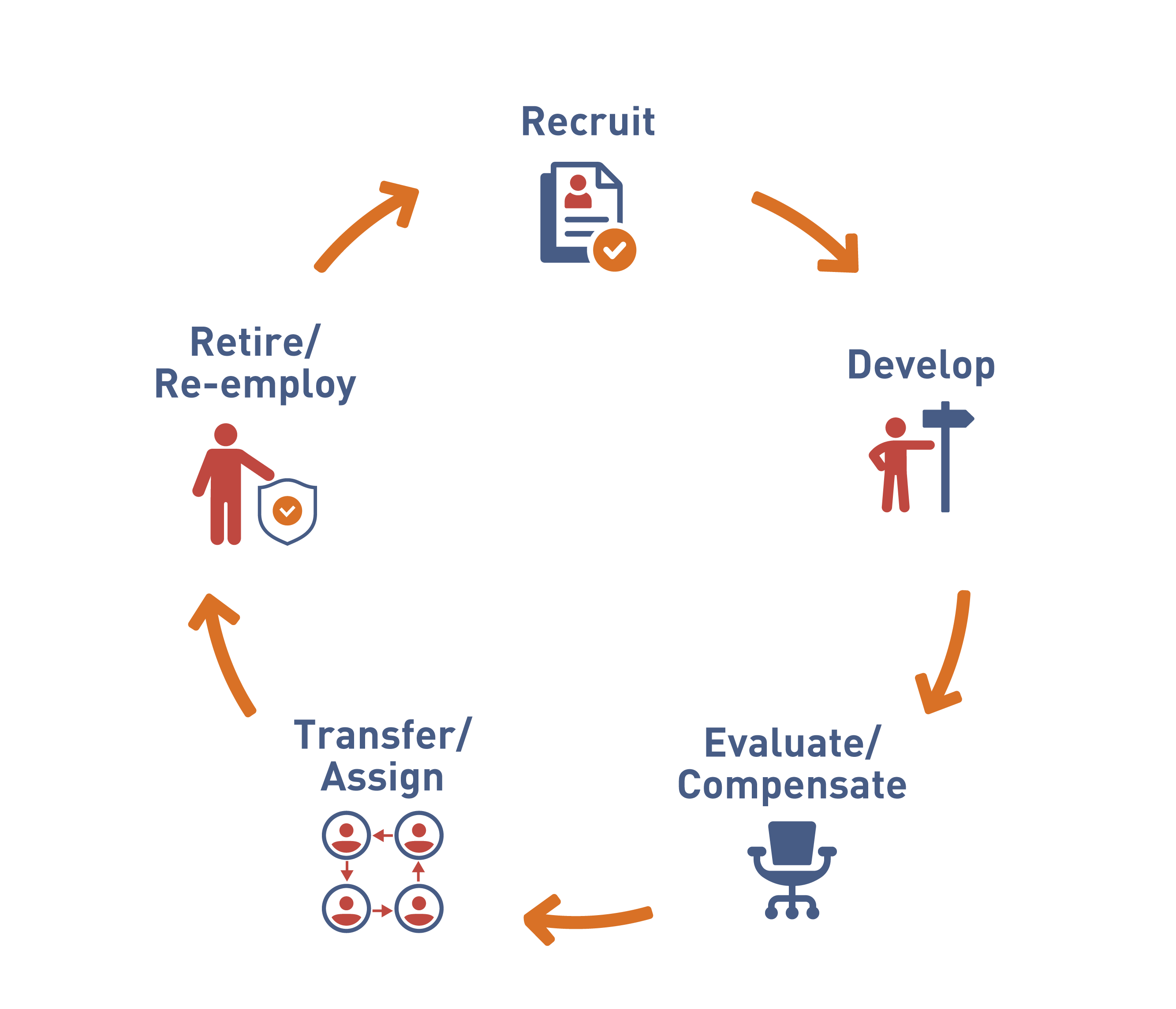 The figure represents the career path of an employee shown as a cycle. Clockwise from the top, "Recruit," "Develop," "Evaluate/Compensate," "Transfer/Assign," and "Retire /Re-employ."