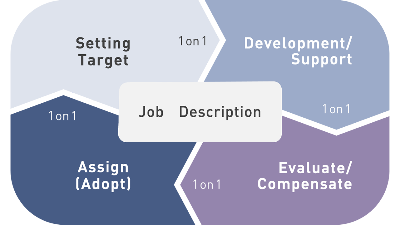 The figure shows the cycle in the job-based HR management. With "Job description" at the center, the elements of the cycle start clockwise from the upper left with "Setting Target." Then, the cycle moves on to "Development/Support," "Evaluate/Compensate," and "Assign (Adopt)." Each element is linked to 1 on 1 meetings.