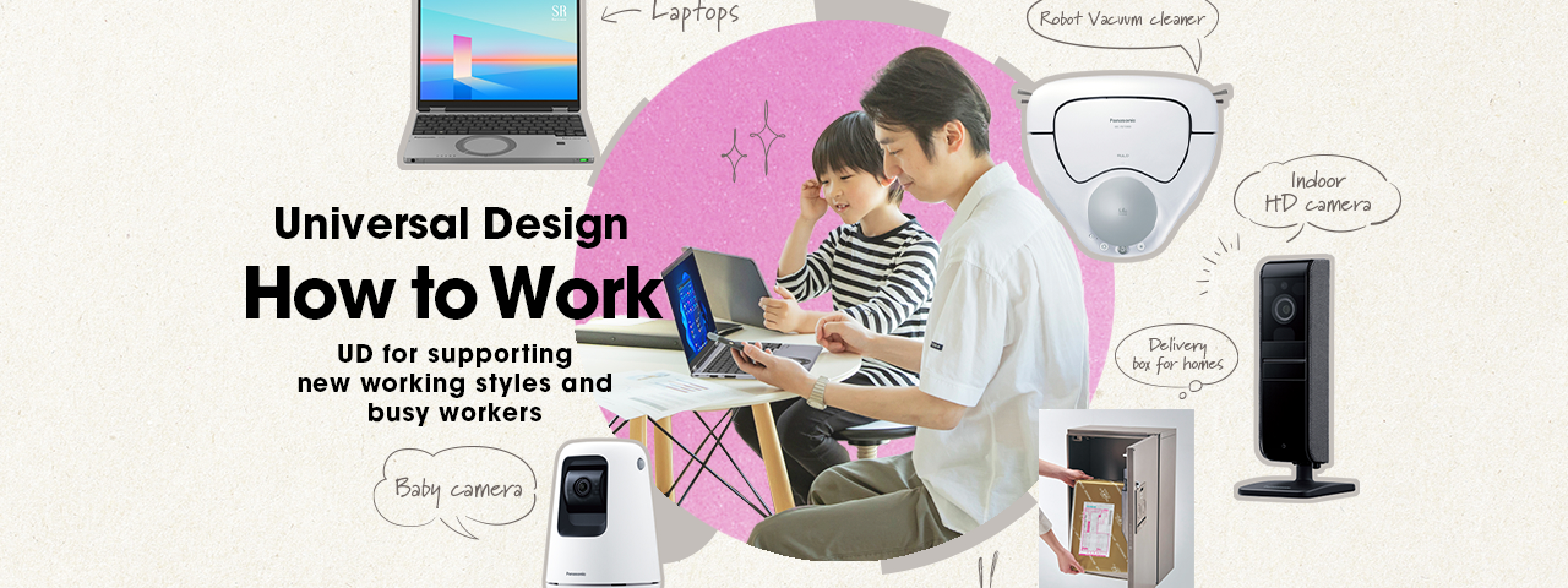 photo:Delivery box, robot vacuum cleaner, and other Universal Design products that support new working styles, and a family that works from home.