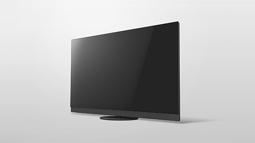 薄型の黒いテレビ、丸い台座と右側の細いシルバー縁