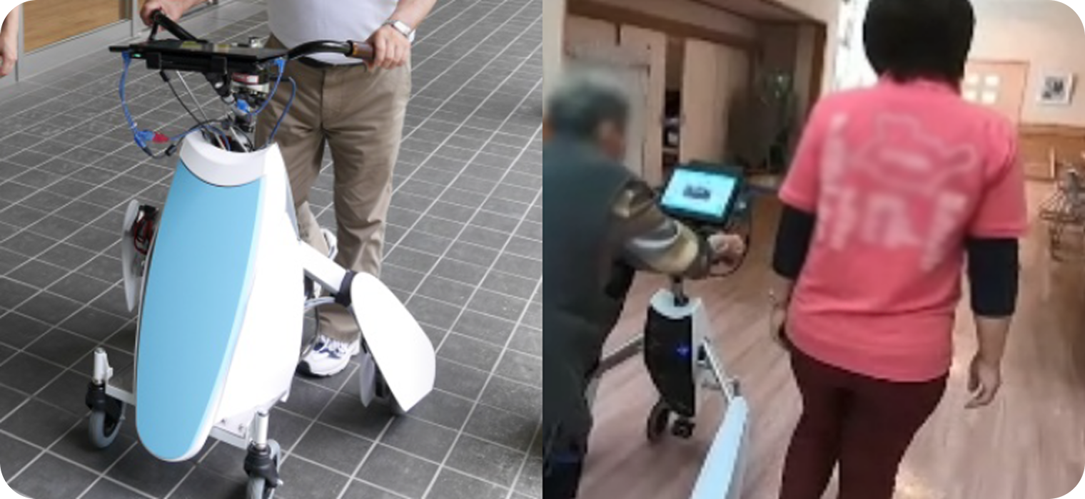 写真:歩行トレーニングロボットのプロトタイプの写真とユーザーが利用しているシーン
