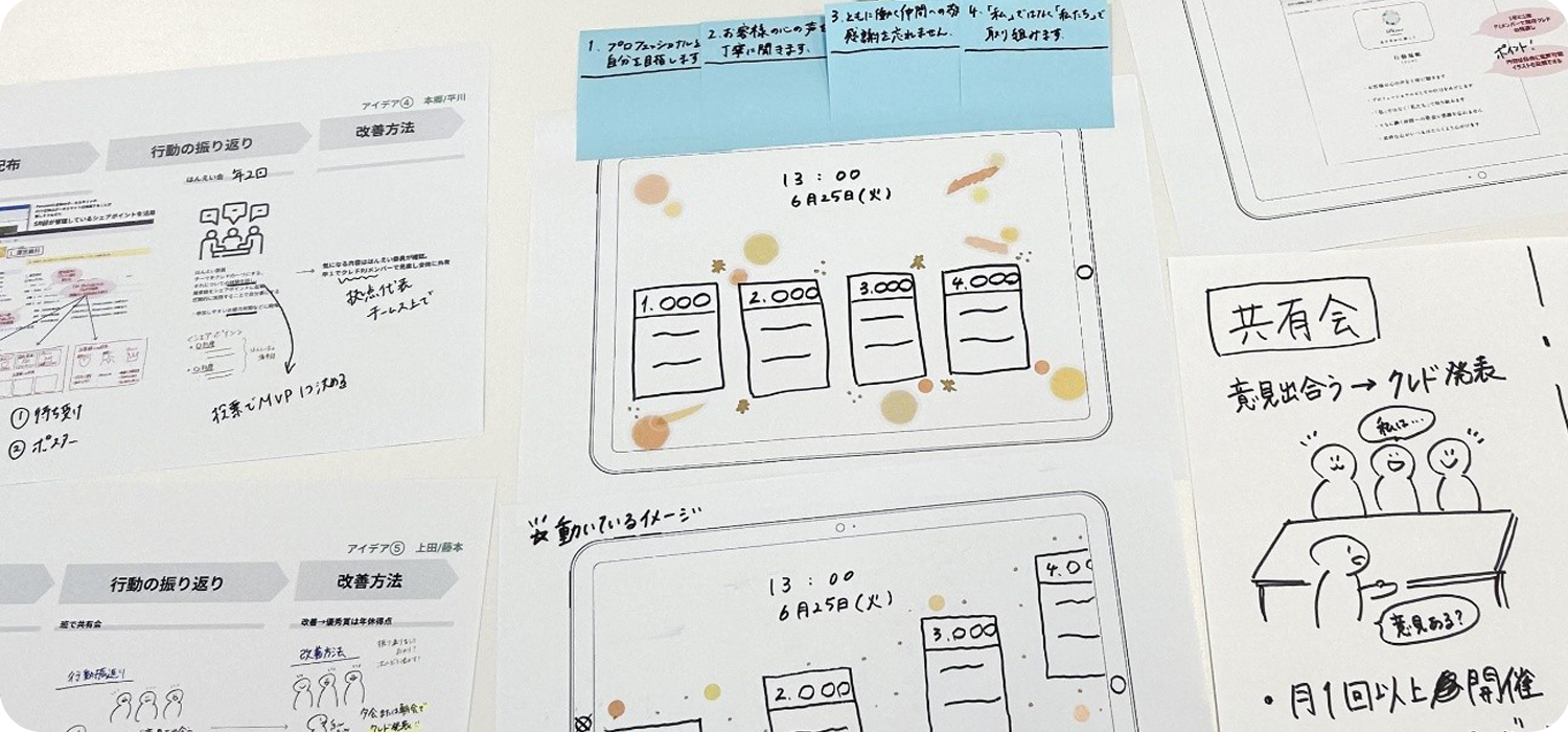 白い卓上に並べられた手書きのアイデアシート