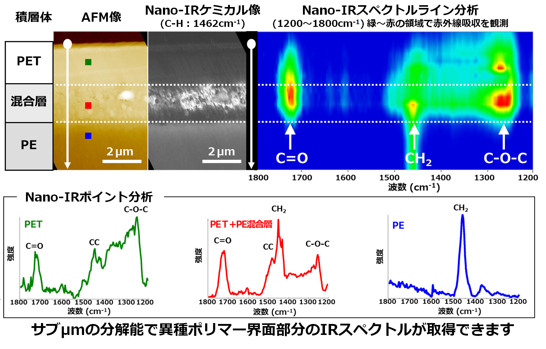 サブマイクロメートルの分解能で異種ポリマー界面部分のIRスペクトルが取得できます。