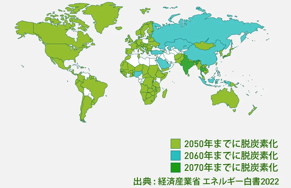 2050年、2060年、2070年までに脱炭素化を約束した国や地域の分布を色で表した世界地図。2050年までに脱炭素化する地域が黄緑色で塗られており、数は世界の半数以上。加えて、水色で塗られたロシアを含む数カ国が2060年までに脱炭素化することを約束している。さらに、2070年までに脱炭素化する国が数カ国緑色で塗られており、合計すると世界中の多くの地域が2070年までに脱炭素化を約束している。出典：経済産業省　エネルギー白書2022