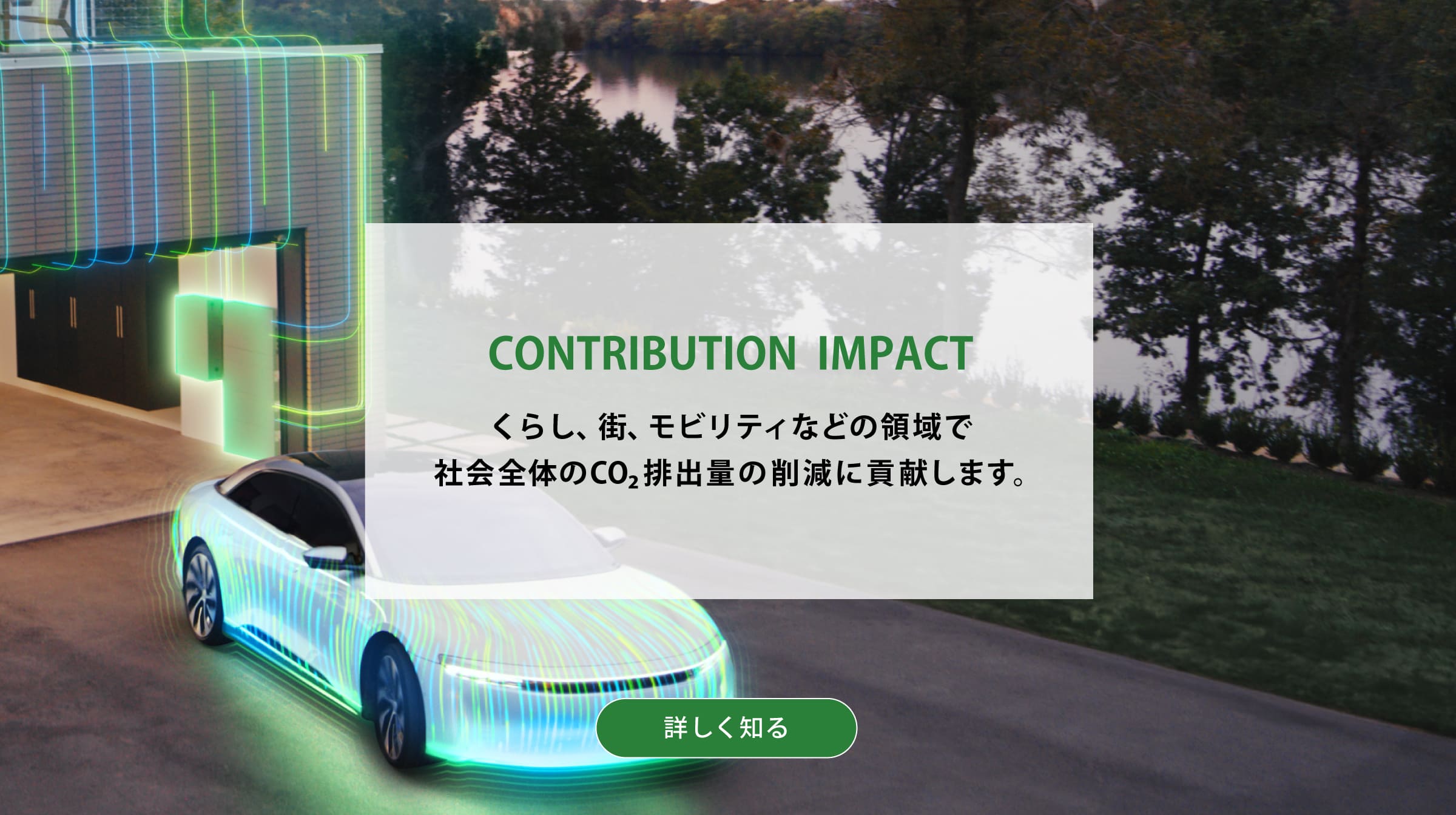 CONTRIBUTION  IMPACT くらし、街、モビリティなどの領域で社会全体のCO2排出量の削減に貢献します。背景写真：電気自動車のCGイメージ。詳しく知る
