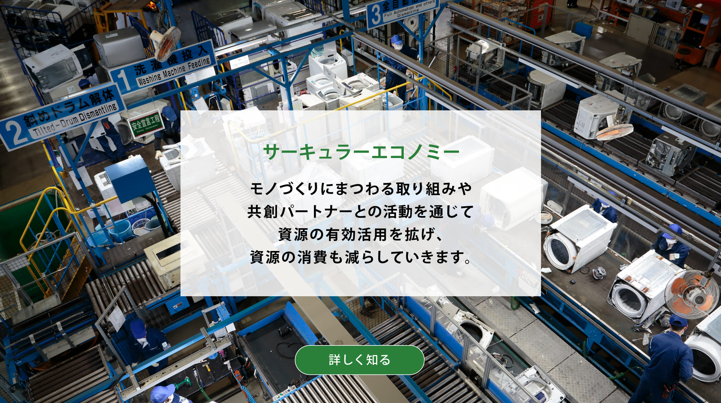 サーキュラーエコノミー モノづくりにまつわる取り組みや共創パートナーとの活動を通じて資源の有効活用を拡げ、資源の消費も減らしていきます。背景写真：パナソニック エコテクノロジーセンター（PETEC） の工場内の俯瞰。詳しく知る