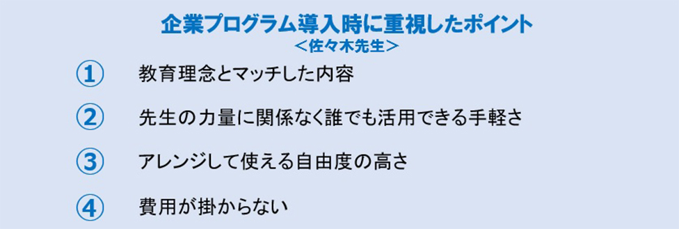 企業プログラム導入時に重視したポイント <佐々木先生> ①教育理念とマッチした内容 ②先生の力量に関係なく誰でも活用できる手軽さ ③アレンジして使える自由度の高さ ④費用が掛からない