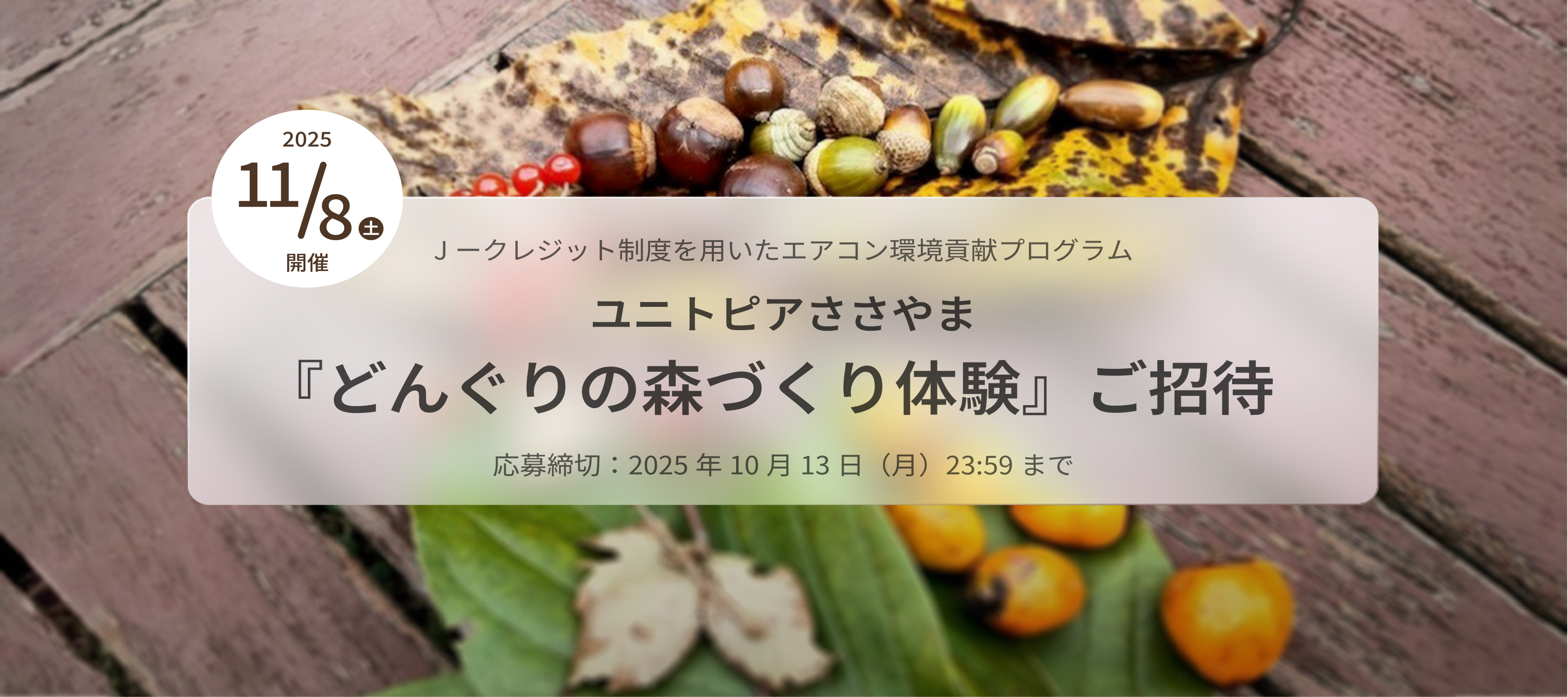 J - クレジット制度を用いたエアコン環境貢献プログラム ユニトピアささやま『どんぐりの森づくり体験』ご招待 応募期間：2025年10月13日（月）23:59まで