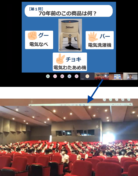 第１問　７０年前のこの商品は何？　グー　電気なべ　チョキ　電気わたあめ機　パー　電気洗濯機
