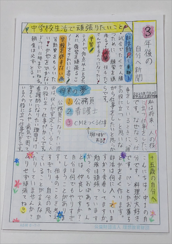 中学校生活で頑張りたいことや将来の夢を記載した3年後の自分へ新聞