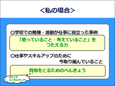 私の場合　学校での勉強・活動が仕事に役立った事例　「思っていること・考えていること」を