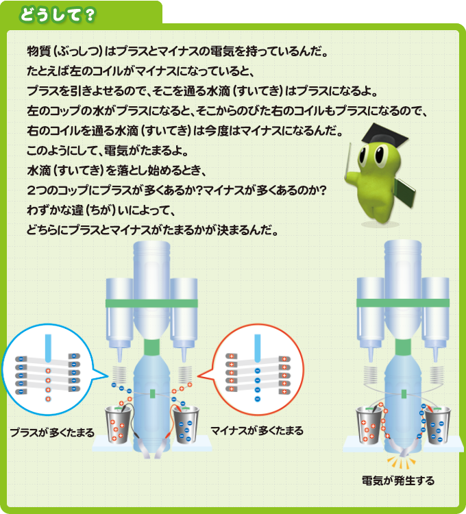 どうして？　物質（ぶっしつ）はプラスとマイナスの電気を持っているんだ。 たとえば左のコイルがマイナスになっていると、 プラスを引きよせるので、そこを通る水滴（すいてき）はプラスになるよ。 左のコップの水がプラスになると、そこからのびた右のコイルもプラスになるので、 右のコイルを通る水滴（すいてき）は今度はマイナスになるんだ。 このようにして、電気がたまるよ。 水滴（すいてき）を落とし始めるとき、 2つのコップにプラスが多くあるか？マイナスが多くあるのか？ わずかな違（ちが）いによって、 どちらにプラスとマイナスがたまるかが決まるんだ。
