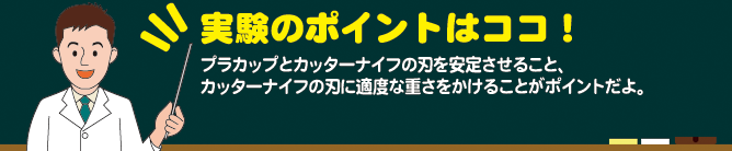 実験のポイントはココ! プラカップとカッターナイフの刃を安定させること、 カッターナイフの刃に適度な重さをかけることがポイントだよ。