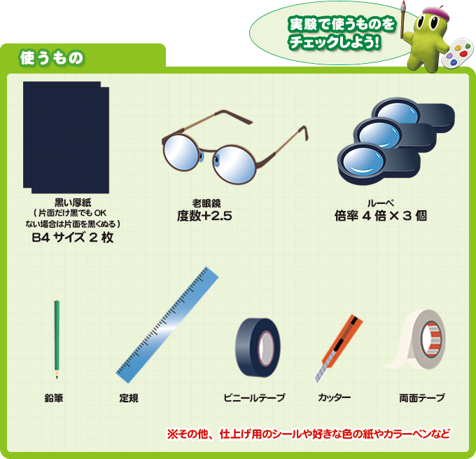 実験で使うものをチェックしよう! 使うもの 老眼鏡(度数+2.5) ルーペ(倍率4倍)3個 黒い厚紙(片面だけ黒でもOK ない場合は片面を黒くぬる)B4サイズ2枚 鉛筆 カッター 定規 両面テープ ビニールテープ 仕上げ用の好きな色の紙やカラーペン、シールなど ※その他、仕上げ用のシールや好きな色の紙やカラーペンなど