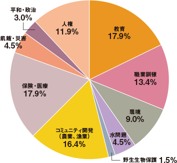 教育17.9%/職業訓練13.4%/環境9.0%/水問題4.5%/野生生物保護1.5%/コミュニティ開発(農業、漁業)16.4%/保険・医療17.9%/飢餓・災害4.5%/平和・政治3.0%/人権11.9%