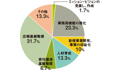 ミッション・ビジョンの見直し、作成1.7%/事務局機能の強化23.3%/新規事業開発、事業の収益化10%/人材育成13.3%/寄付獲得基盤整備6.7%/広報基盤整備31.7%/その他13.3%