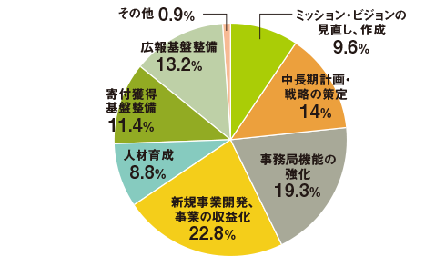ミッション・ビジョンの見直し、作成9.6%/中長期計画・戦略の策定14%/事務局機能の強化19.3%/新規事業開発、事業の収益化22.8%/人材育成8.8%/寄付獲得基盤整備11.4%/広報基盤整備13.2%/その他0.9%
