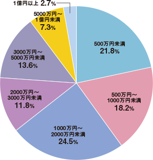 500万円未満21.8%/500万円〜1000万円未満18.2%/1000万円〜2000万円未満24.5%/2000万円〜3000万円未満11.8%/3000万円〜5000万円未満13.6%/5000万円〜1億円未満7.3%/1億円以上2.7%