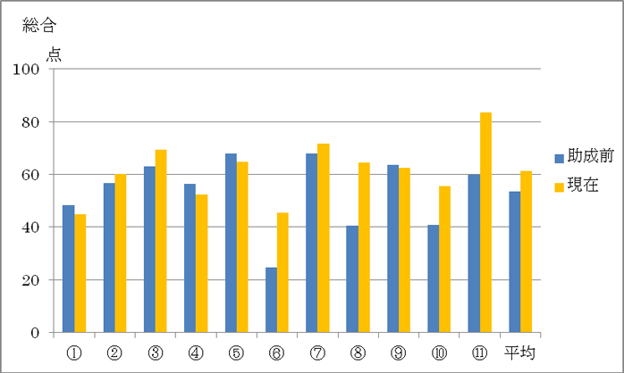 定量的評価(事前・事後の比較):① 助成前/48.2点、現在/44.98点(伸び率:0.933) ② 助成前/56.58点、現在/60.04点(伸び率:1.061) ③ 助成前/63.16点、現在/69.34点(伸び率:1.098) ④ 助成前/56.32点、現在/52.48点(伸び率:0.932) ⑤ 助成前/67.92点、現在/64.62点(伸び率:0.951) ⑥ 助成前/24.54点、現在/45.52点(伸び率:1.855) ⑦ 助成前/67.92点、現在/71.8点(伸び率:1.057) ⑧ 助成前/40.48点、現在/64.48点(伸び率:1.593) ⑨ 助成前/63.5点、現在/62.36点(伸び率:0.982) ⑩ 助成前/40.94点、現在/55.48点(伸び率:1.355) ⑪ 助成前/59.74点、現在/83.5点(伸び率:1.398) 平均 助成前/53.58点、現在/61.32点(伸び率:1.144)