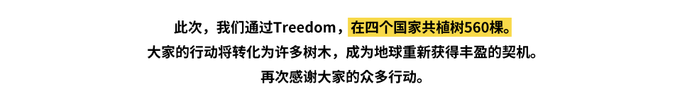 此次,我们通过Treedom,在四个国家共植树560棵。大家的行动将转化为许多树木,成为地球重新获得丰盈的契机。再次感谢大家的众多行动。