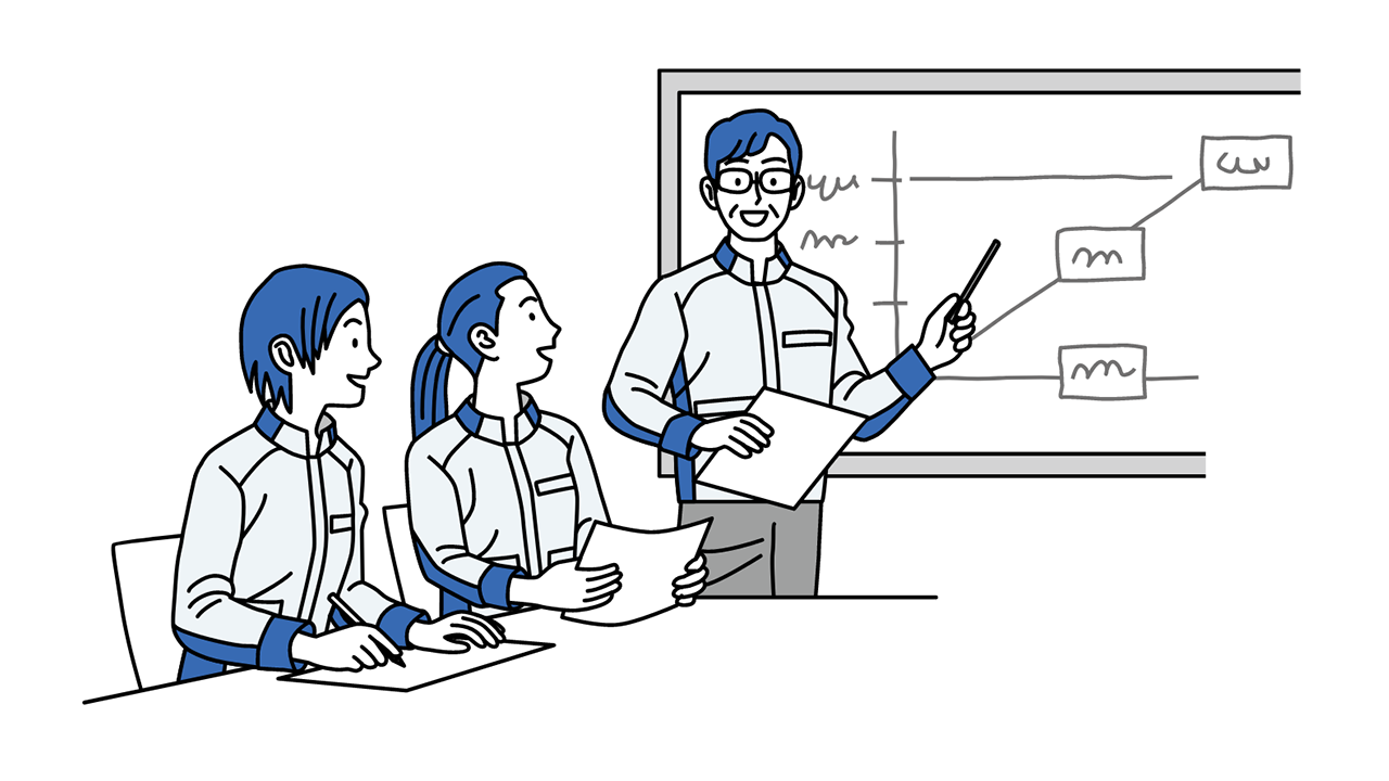 Illustration: Employee A standing in front of a whiteboard and giving a lecture