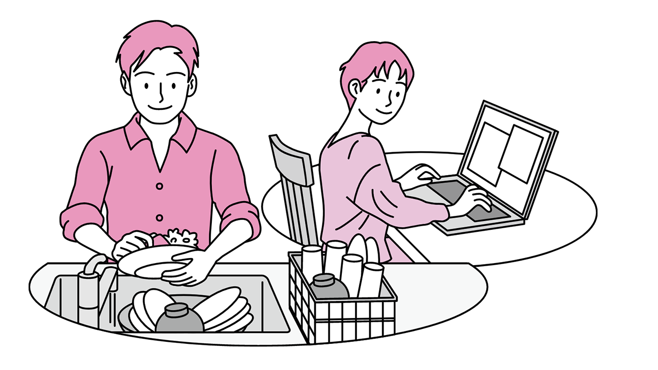 Illustration: Employee C washing dishes at home and their partner working with a laptop PC open