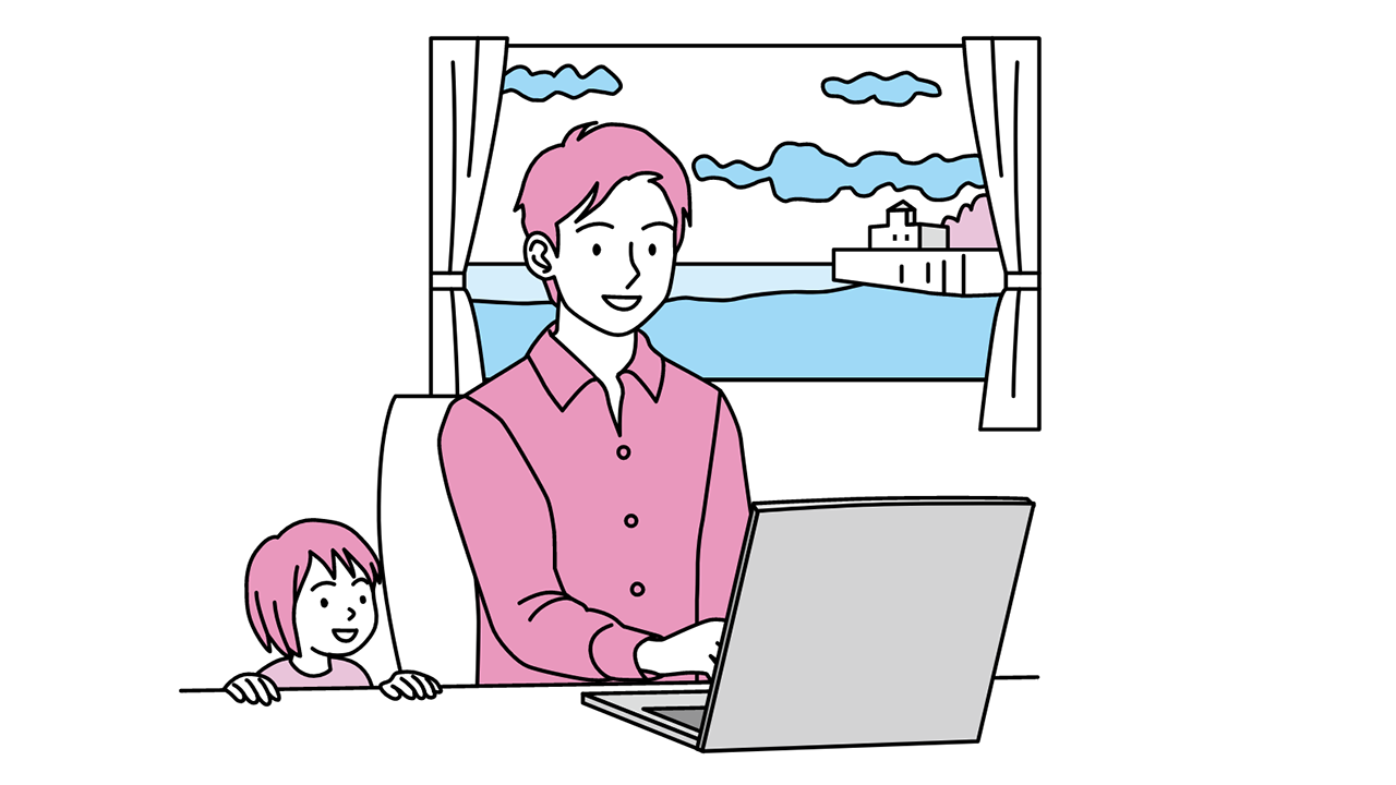 Illustration: Employee C working at a laptop PC with one child by their side. The blue sea and the sky are visible from the window of the room.