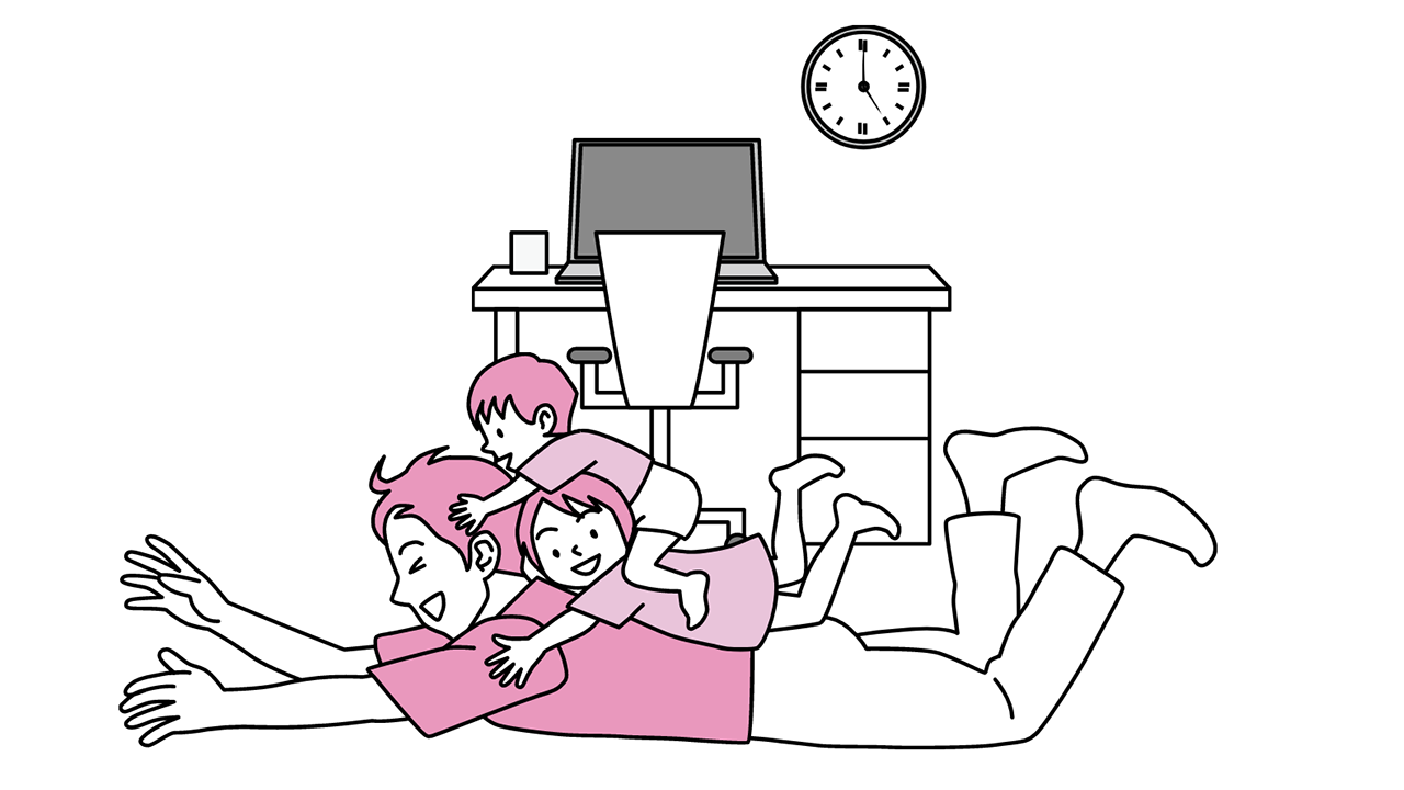 Illustration: Employee C has shut down their laptop PC and is playing with two small children on their back