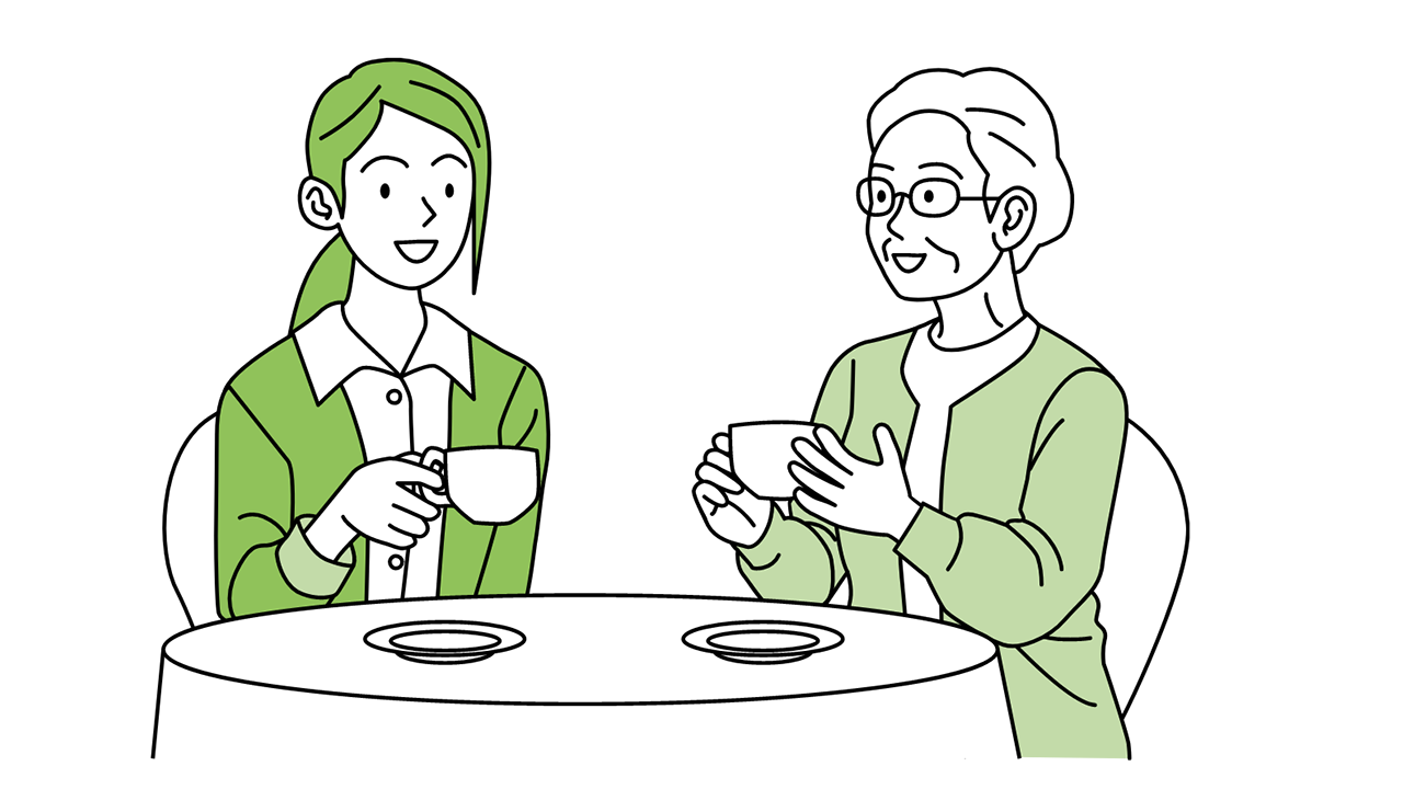 Illustration: Employee D chatting with an elderly woman with a cup in their hand
