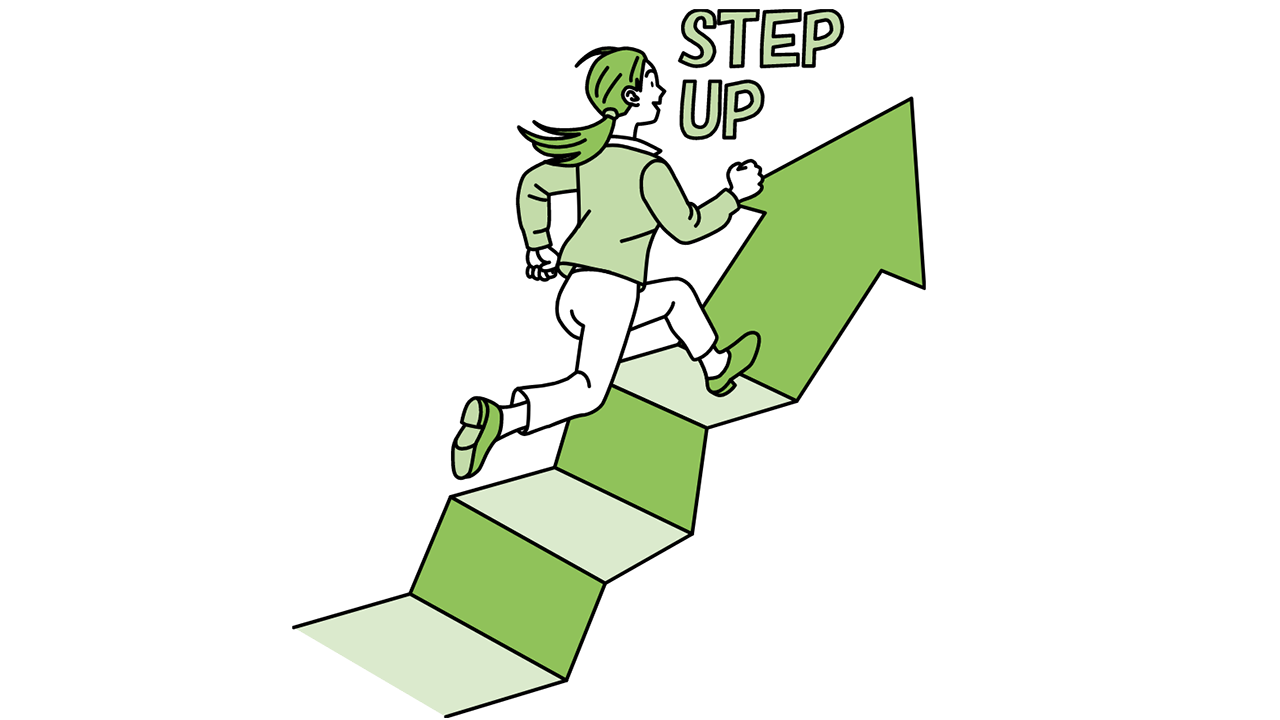 Illustration: Employee D running up the career steps