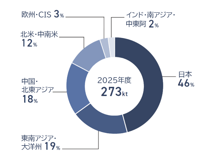 2025年度廃棄物・有価物の発生量は273kt。うち日本46％、東南アジア大洋州19%、中国・北東アジア18％、北米・中南米12％、欧州・CIS3%、インド・南アジア・中東阿2％