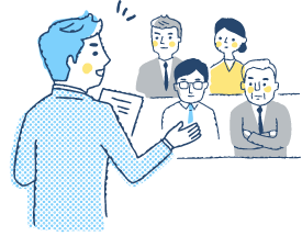 イラスト：社内セミナーで登壇する人と視聴する人たち