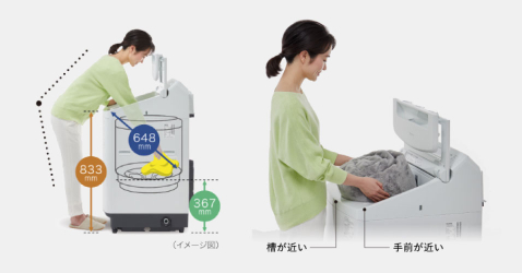 写真:洗濯槽が深過ぎず、洗濯槽が手前に近いため取り出しやすい設計を示す写真