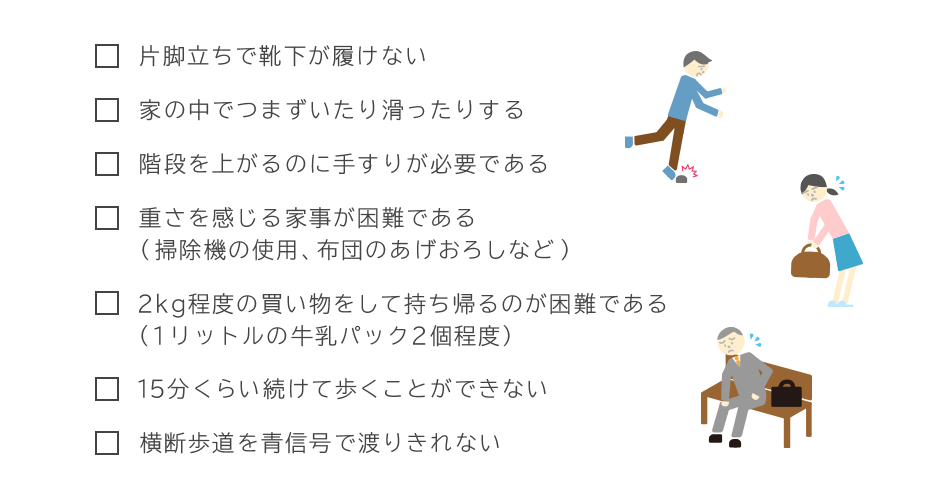 片脚立ちで靴下が履けない、家の中でつまずいたり滑ったりする、階段を上がるのに手すりが必要である、重さを感じる家事が困難である(掃除機の使用、布団のあげおろしなど )、2kg程度の買い物をして持ち帰るのが困難である(1リットルの牛乳パック2個程度)、15分くらい続けて歩くことができない、横断歩道を青信号で渡りきれない