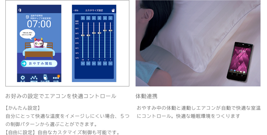 解説:アプリで、お好みの設定でエアコンを快適コントロールができます。また、おやすみ中の体動と連動しエアコンが自動で快適な室温にコントロール。快適な睡眠環境をつくります。