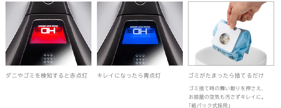 解説:ダニやゴミを検知すると赤点灯し、キレイになったら青点灯でお知らせ。ゴミ捨て時の舞い散りを押さえ、お部屋の空気も汚さずキレイに。「紙パック式採用」